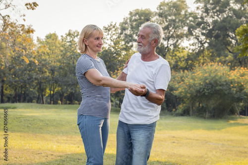 Senior couples dance together in the park.