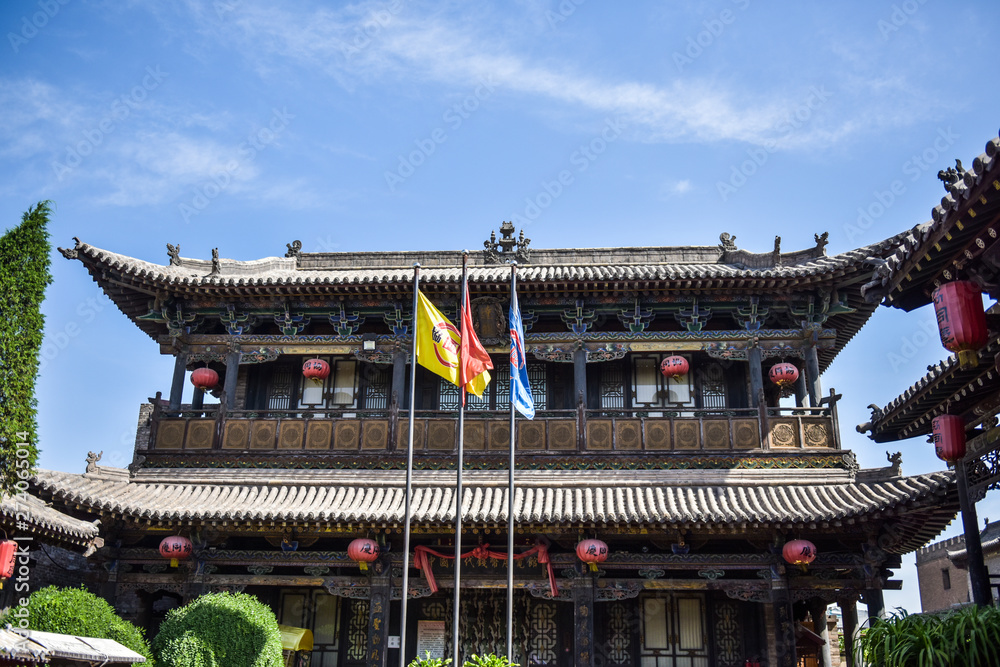 Naklejka premium Pingyao County, Jinzhong City, Shanxi Province, China - May 28, 2018. Pingyao Ancient Architectural Complex, China. Including ancient courtyards and meteorological observation pavilions