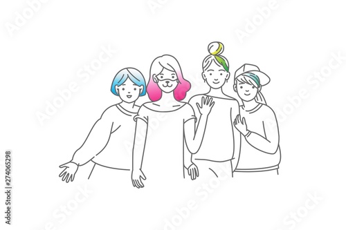 Group of smiling teenage girls, friends standing together, embracing each other, waving hands. Happy students isolated on white background. One colour line art cartoon vector illustration.