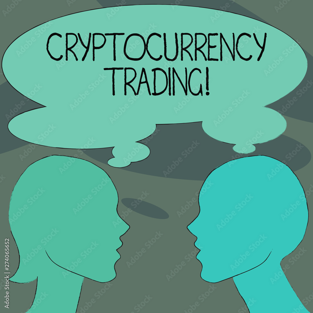 Handwriting text Cryptocurrency Trading. Concept meaning simply the exchange of cryptocurrencies in the market Silhouette Sideview Profile Image of Man and Woman with Shared Thought Bubble.