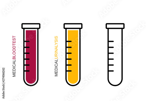 Flat linear design. Medical test tube icon.The closed test tube is empty, with blood and urine for mobile applications, web sites and public use.Vector.