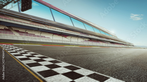 Wide angle view empty asphalt international race track with start and finish line , motion blur effect apply . photo
