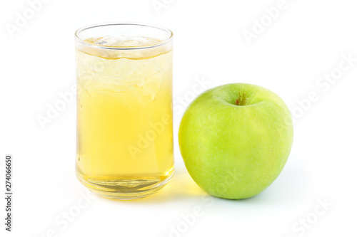 Green apple juice in glass and apple fruit isolated on white background