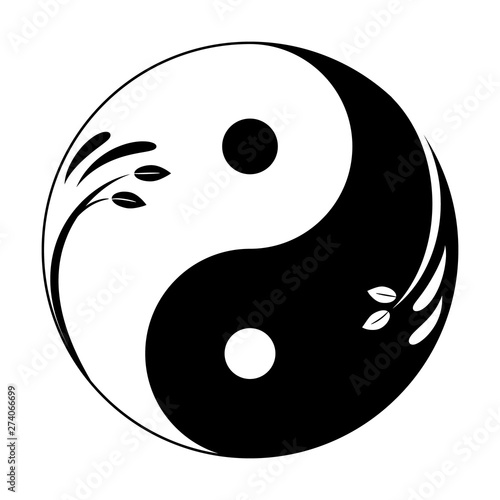Decorative yin yang symbol. Abstract yin-yang icon with sprigs and leaves.  Symbol of unity of masculine and feminine. Vector illustration.