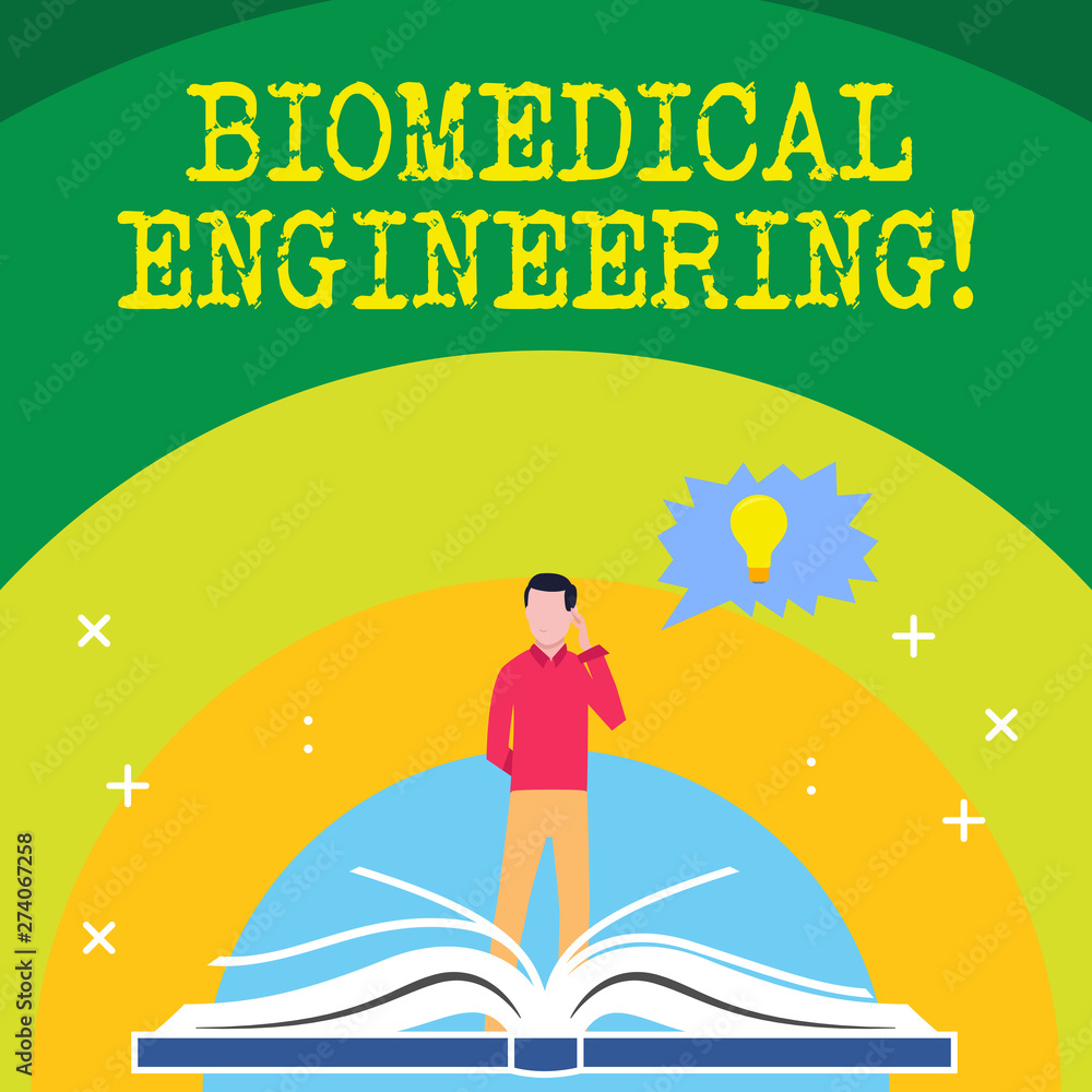 Handwriting text writing Biomedical Engineering. Concept meaning advances knowledge biology medicine improves health Man Standing Behind Open Book, Hand on Head, Jagged Speech Bubble with Bulb. Handwriting text writing Biomedical Engineering. Concept meaning advances knowledge biology medicine improves health Man Standing Behind Open Book, Hand on Head, Jagged Speech Bubble with Bulb.