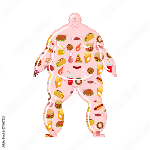 Fat man full fast food. Thick food inside