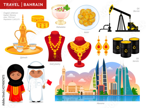 Travel to Bahrain. Manama. Set of cultural symbols, cuisine, architecture, attractions. A collection of colorful illustrations for guidebook. Bahraini people in traditional dress. Vector illustration.