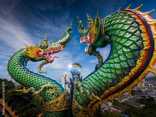 Naga or serpent statue in Wat khao phra kru temple, Chonburi province thailand, The belief of Buddhism, Thai temple photo