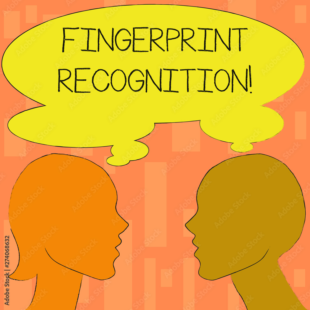 Word writing text Fingerprint Recognition. Business concept for identifying identity individual based on his finger Silhouette Sideview Profile Image of Man and Woman with Shared Thought Bubble.