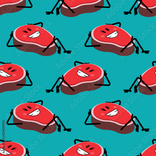 Steak happy pattern seamless. cartoon piece of meat background. Vector texture