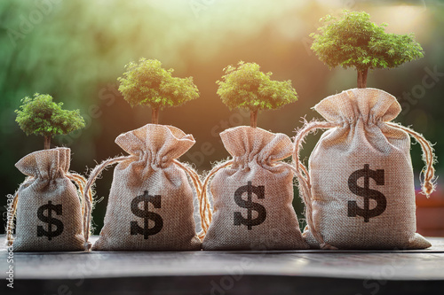 tree growing on money bag. concept saving photo