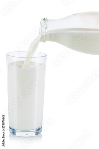 Fresh milk pouring pour glass bottle isolated on white
