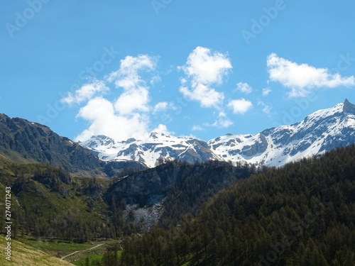 The mountains of the Italian Alps, in Val d'aosta, near the village of Chamois, Italy - June 2019. © Roberto
