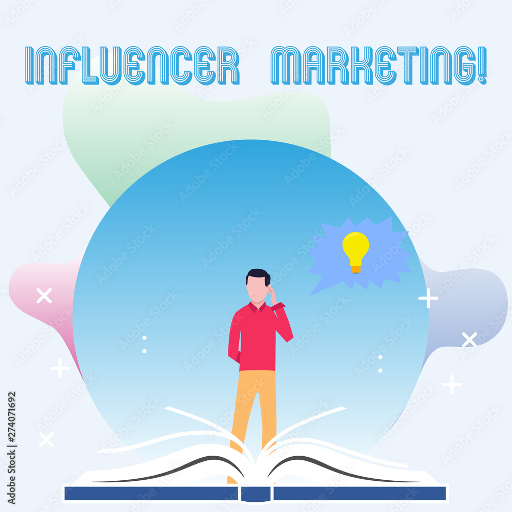 Text sign showing Influencer Marketing. Conceptual photo focus is placed influential showing rather than target Man Standing Behind Open Book, Hand on Head, Jagged Speech Bubble with Bulb.