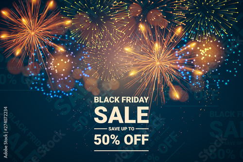 Sale banner with fireworks. Black friday sale. Vector illustration. - Vector