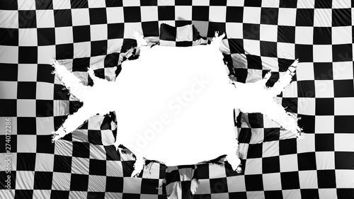 Checkered flag with a big hole, white background, 3d rendering