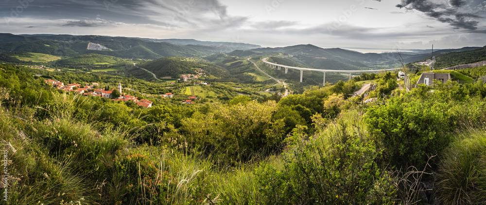 upper panoramic view on viaduct of crni kal, beside adriatic sea, slovenia