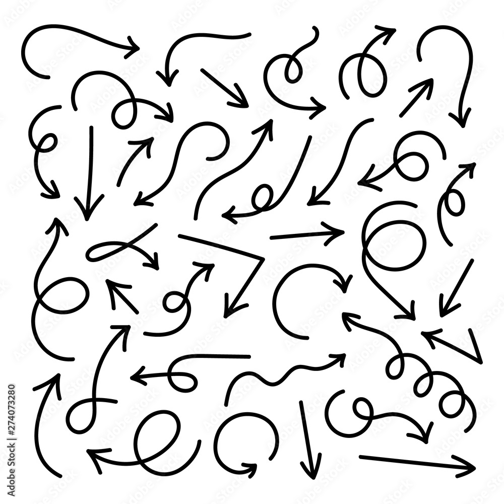 Collection of curves drawn arrows. Set of vector arrows in doodle style isolated on white background. Element for decoration. Collection of curves drawn arrows. Set of vector arrows in doodle style isolated on white background. Element for decoration.