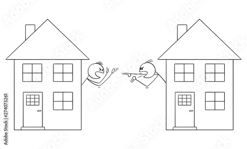 Vector cartoon stick figure drawing conceptual illustration of two men or neighbors looking from window of family houses and arguing or having fight.