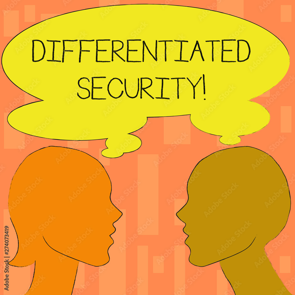 Word writing text Differentiated Security. Business concept for deploys different policies according to identity Silhouette Sideview Profile Image of Man and Woman with Shared Thought Bubble.