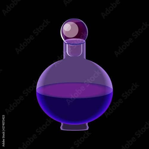 Isolated on black bright violet litlle bottle, vector ink bottle, cute transparent glass single vial on black back, simple cartoon isolate, purple phial illustration, liquid in flat style jar