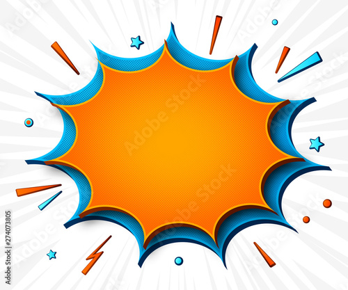 Comics background. Cartoon poster in pop art style with orange-blue speech bubbles with halftone and sound effects. Funny colorful banner with place for text on white backdrop with radial stripes