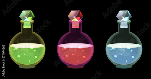 Set of disfferent color little bottles with shine cristal cap, bubbles inside the liquid, colorful poisons inside the little flask, apothecary inventory, isolated transparent glass inkwell icons 