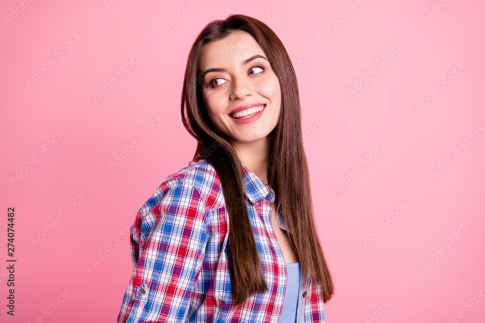 Portrait of charming elegant shiny person people have holidays summer toothy content glad candid dressed checkered modern clothes isolated pink pastel background Portrait of charming elegant shiny person people have holidays summer toothy content glad candid dressed checkered modern clothes isolated pink pastel background