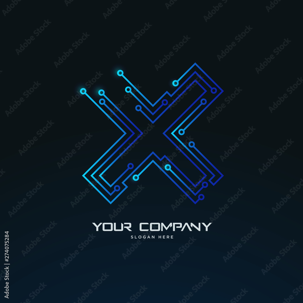 X letter initial futuristic abstract tech circuit board logo template X letter initial futuristic abstract tech circuit board logo template