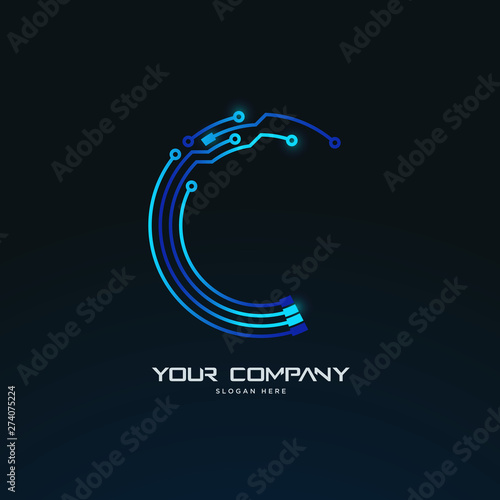 C letter initial futuristic abstract tech circuit board logo template