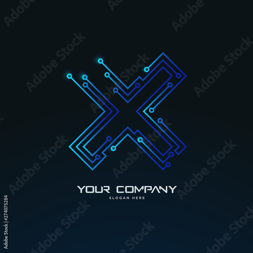 X letter initial futuristic abstract tech circuit board logo template