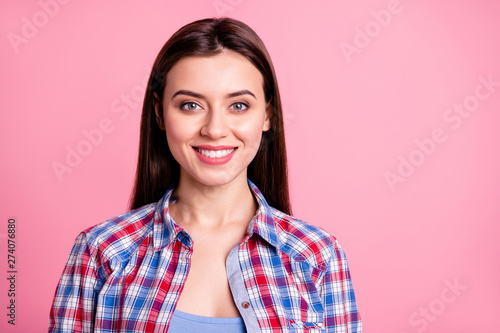 Close up photo of charming nice pretty lady people cute good-looking university free time college independent wear plaid fashionable outfit isolated pink pastel background © deagreez