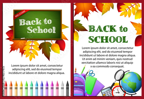 Back to school letterings in frames, stationery, calculator. Offer or sale advertising design. Typed text, calligraphy. For leaflets, brochures, invitations, posters or banners.