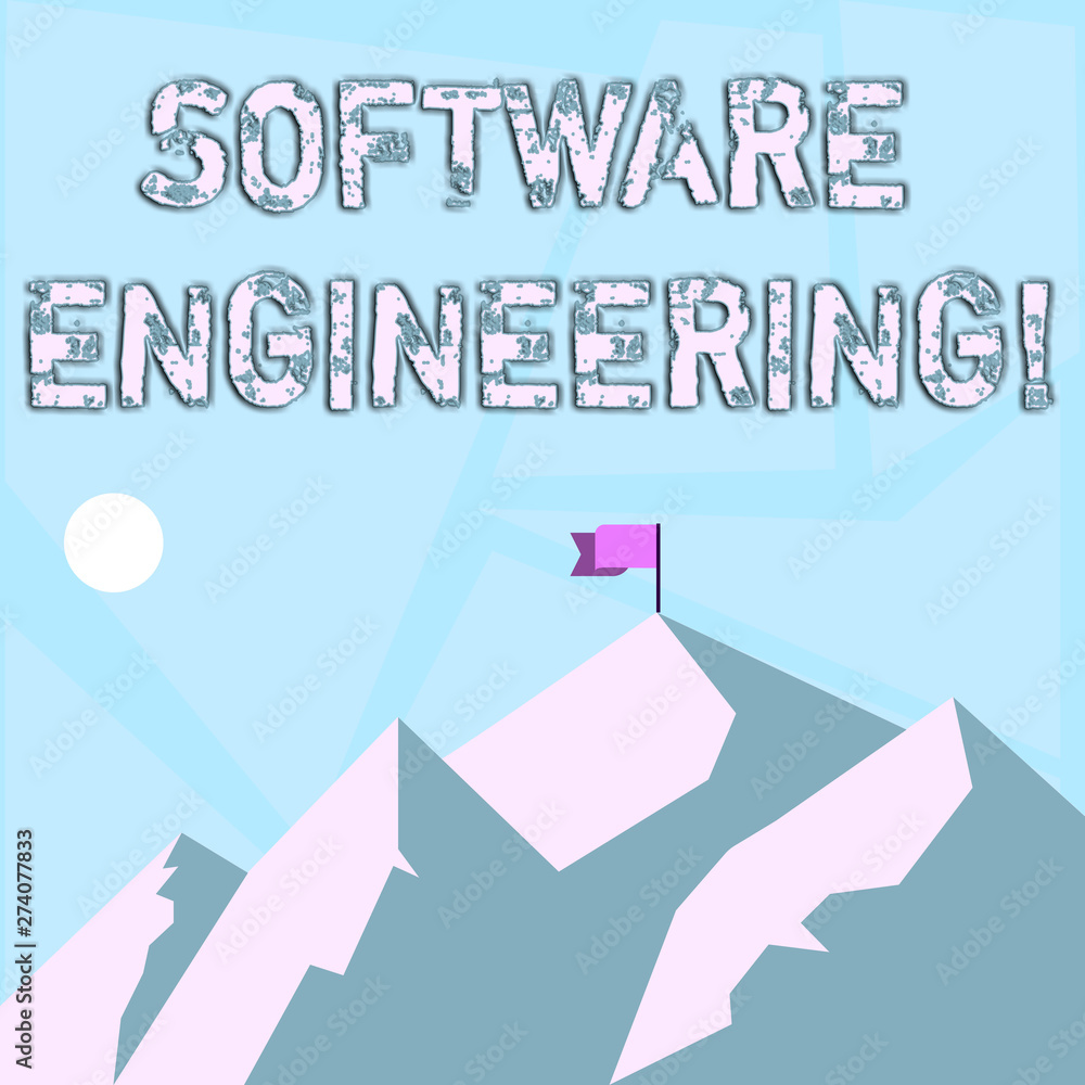Word writing text Software Engineering. Business concept for apply engineering to the development of software Mountains with Shadow Indicating Time of Day and Flag Banner on One Peak. Word writing text Software Engineering. Business concept for apply engineering to the development of software Mountains with Shadow Indicating Time of Day and Flag Banner on One Peak.