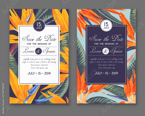 Wedding or party invitation template. Save the Date cards with Strelitzia Reginae, called bird of paradise. Hand drawn, tropical botanical design in realistic style. Vector art for party decoration.