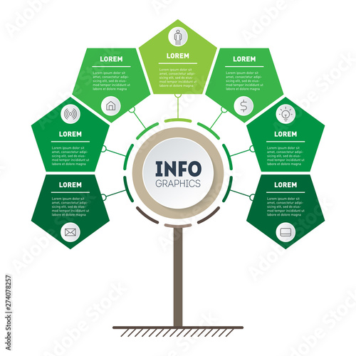 Business presentation concept with 7 points, parts, steps or processes. Vertical Timeline info graphics. Tree of development and growth of the eco business. Infographic of tendencies.