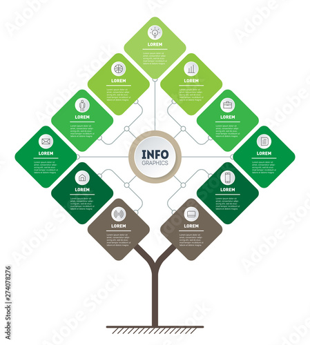 Vector infographic of technology or education process with 11 points. Template of tree, info chart or diagram. Eco Business presentation concept with 11 options.