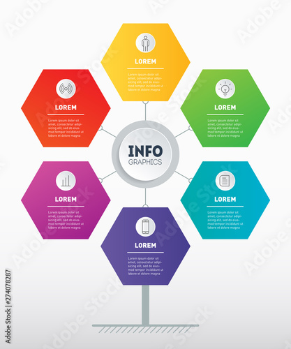 Business presentation or infographics concept with 6 options. Template of development  tree, info chart or diagram. Vector info graphic of technology or education process with six steps.