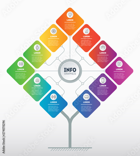 Business presentation concept with 11 options. Template of tree or diagram. Infographic of technology or education process with 11 steps. Brochure design template.