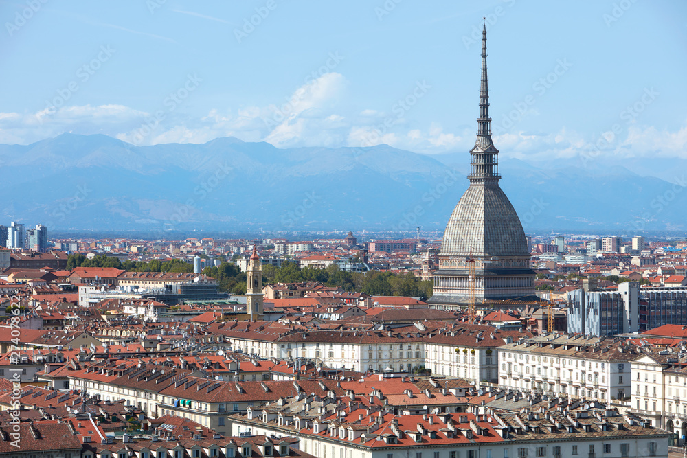 Mole Antonelliana tower and Turin city in a sunny summer day in Italy