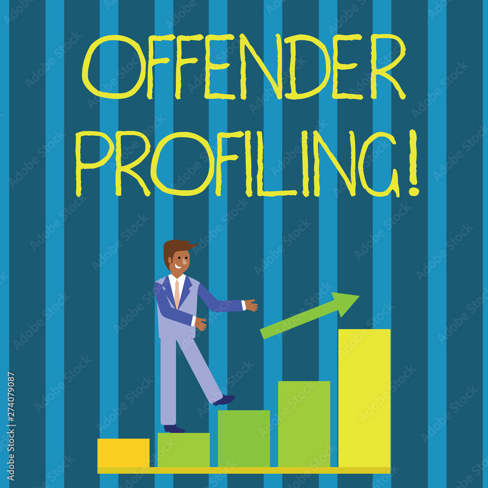 Writing note showing Offender Profiling. Business concept for Develop profiles for offenders who not yet apprehended Smiling Businessman Climbing Bar Chart Following an Arrow Up Writing note showing Offender Profiling. Business concept for Develop profiles for offenders who not yet apprehended Smiling Businessman Climbing Bar Chart Following an Arrow Up