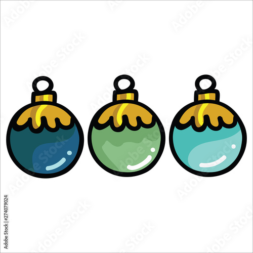 Cute christmas bauble set cartoon vector illustration motif set. Hand drawn isolated festive tree decoration elements clipart for xmas blog, santa graphic.