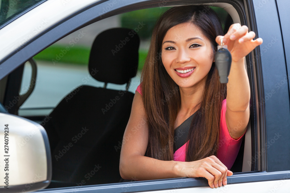 Chinese Asian Young Woman Girl Holding Key Driving Car Smiling