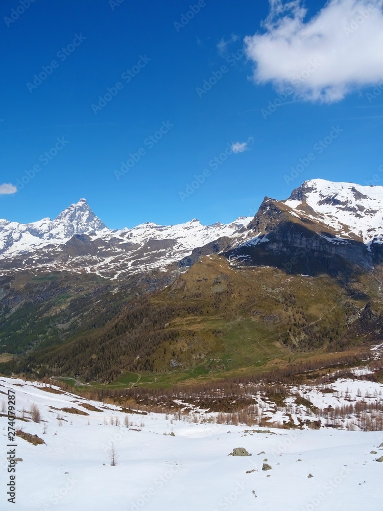 View of the Matterhorn in the Italian Alps near the village of Chamois, Valle d'aosta, Italy - June 2019.
