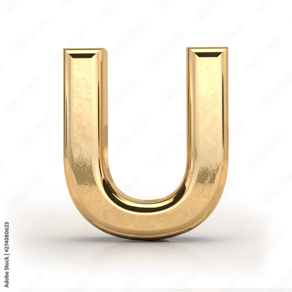 Golden font, letter U, 3d render, gold metal texture, on white background Golden font, letter U, 3d render, gold metal texture, on white background