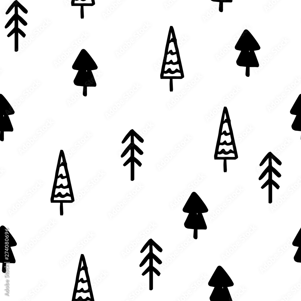 Hand Draw Christmas Tree Seamless Pattern in Doodle style. Vector Monochrome Endless Background of Christmas Trees isolated on white background. Template for Postcards, packaging, printing on fabric Hand Draw Christmas Tree Seamless Pattern in Doodle style. Vector Monochrome Endless Background of Christmas Trees isolated on white background. Template for Postcards, packaging, printing on fabric