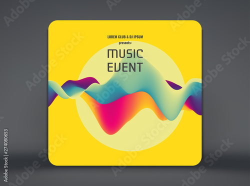 Music event flyer or banner. Party design with place for text. 3D wavy background with dynamic effect. Vector illustration.