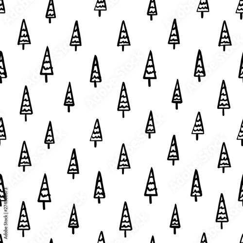 Hand Draw Christmas Tree Seamless Pattern in Doodle style. Vector Monochrome Endless Background of Christmas Trees isolated on white background. Template for Postcards  packaging  printing on fabric