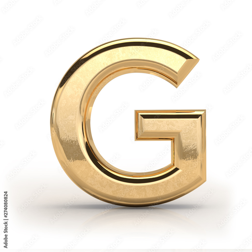 Golden font, letter G, 3d render, gold metal texture, on white background Golden font, letter G, 3d render, gold metal texture, on white background