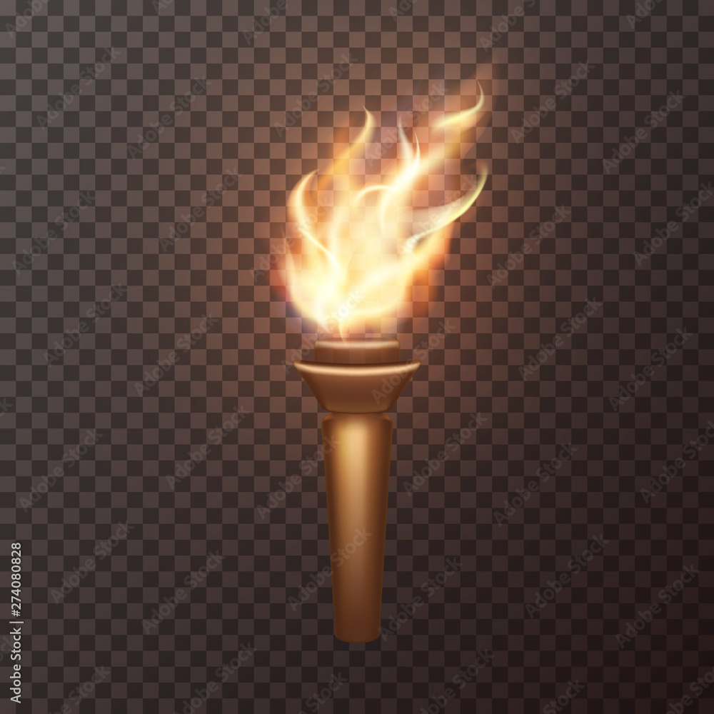 Torch flame isolated on transparent background. 3d medieval fire light icon. Vector wooden burning element design.